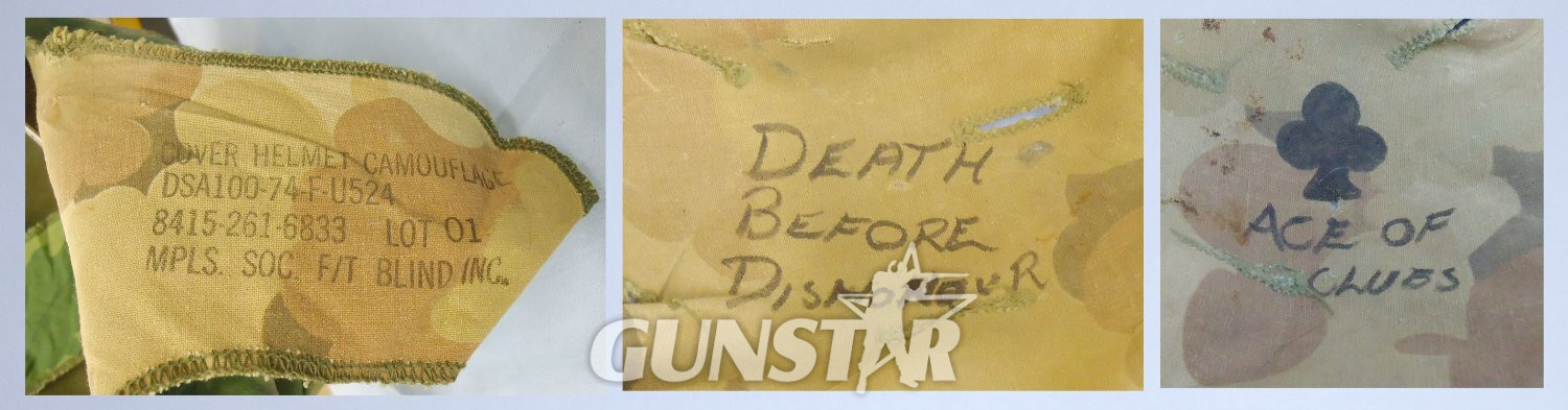  WWII Dated U.S. M1 Helmet Shell with Vietnam Period 64 Pattern Liner & Double Side Marine Corps Camouflage Cover. 2211. WWII Dated U.S. M1 Helmet Shell with Vietnam Period 64 Pattern Liner & Double Side Marine Corps Camouflage Cover. 2211.  Clothing