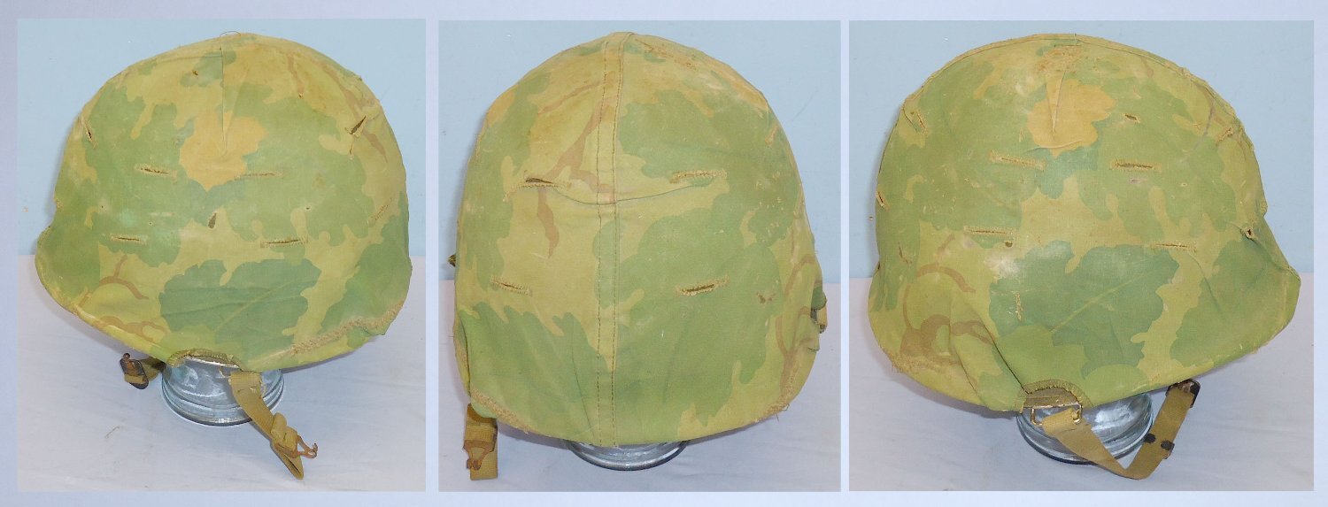 WWII Dated U.S. M1 Helmet Shell with Vietnam Period 64 Pattern Liner & Double Side Marine Corps Camouflage Cover. 2211. WWII Dated U.S. M1 Helmet Shell with Vietnam Period 64 Pattern Liner & Double Side Marine Corps Camouflage Cover. 2211.  Clothing