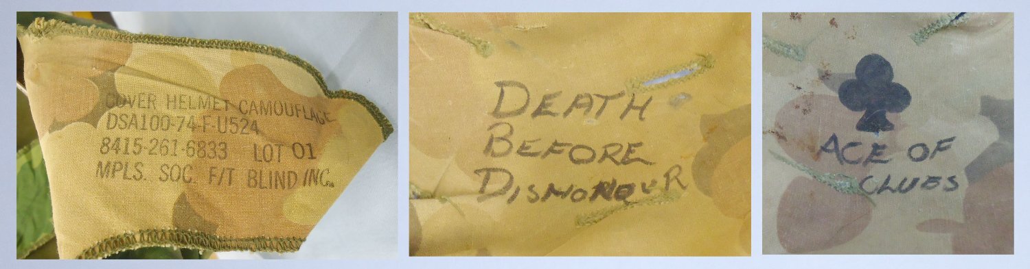  WWII Dated U.S. M1 Helmet Shell with Vietnam Period 64 Pattern Liner & Double Side Marine Corps Camouflage Cover. 2211. WWII Dated U.S. M1 Helmet Shell with Vietnam Period 64 Pattern Liner & Double Side Marine Corps Camouflage Cover. 2211.  Clothing