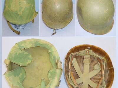 WWII Dated U.S. M1 Helmet Shell with Vietnam Period 64 Pattern Liner & Double Side Marine Corps Camouflage Cover. 2211. WWII Dated U.S. M1 Helmet Shell with Vietnam Period 64 Pattern Liner & Double Side Marine Corps Camouflage Cover. 2211.  Clothing