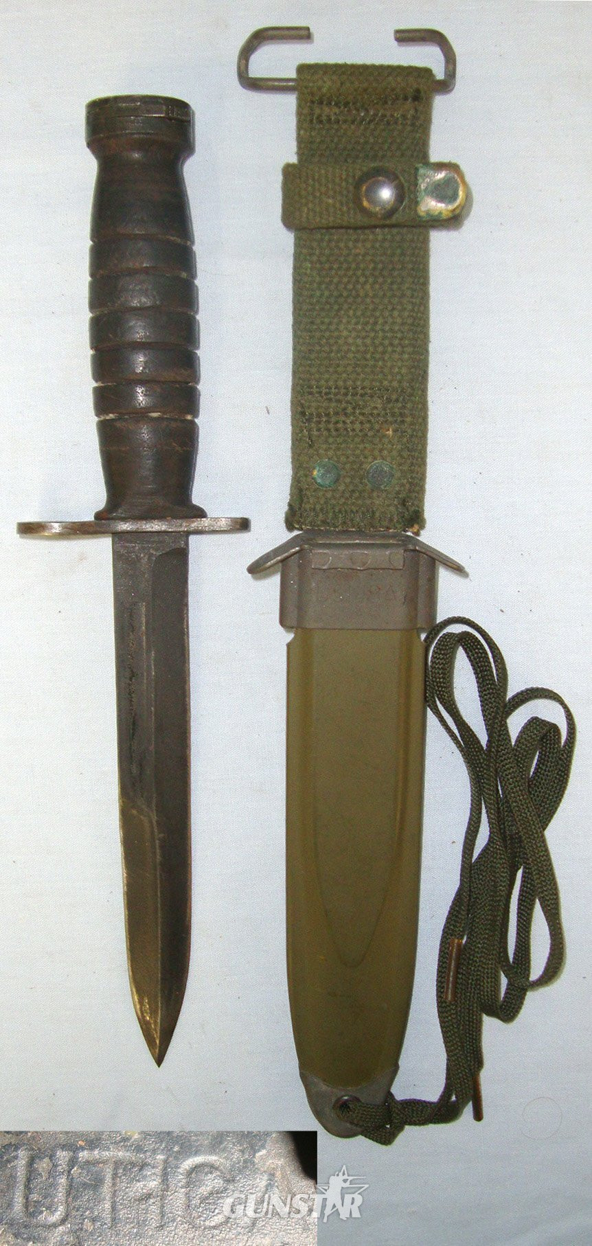 WW2 Era U.S Army M4 Knife Bayonet By Utica For M1 Carbines & M8A1 Scabbard By PWH (Pennsylvania Working Home For The Blind) & Thigh Cord. BAYO 206 Bayonet in 