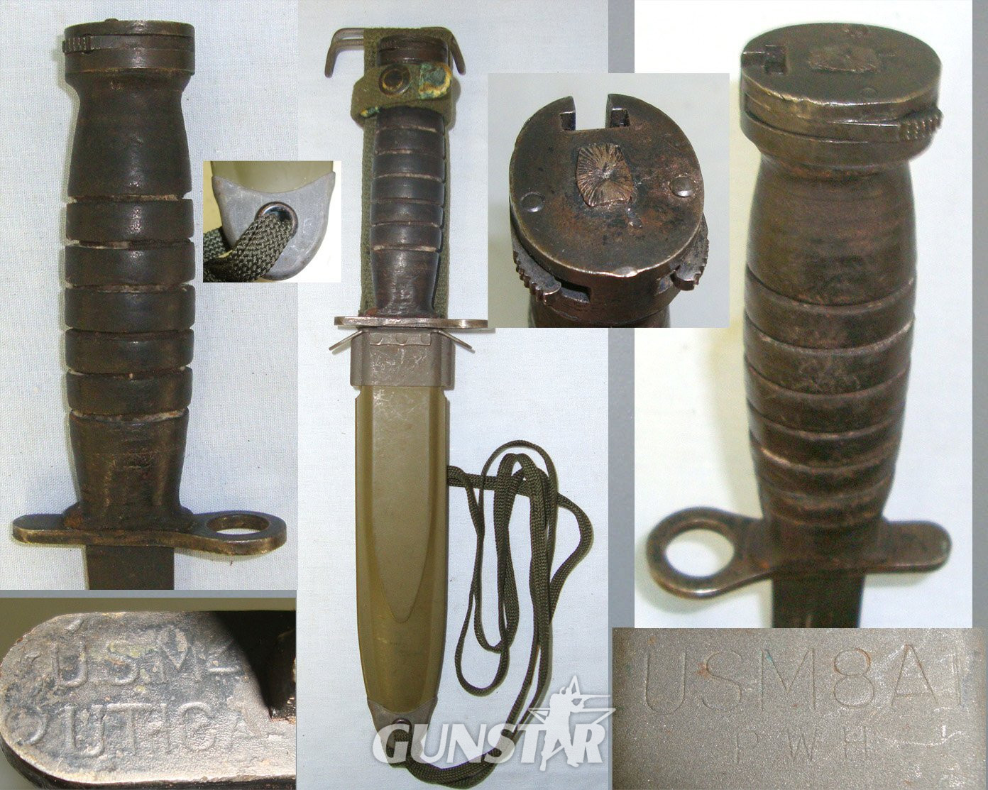 WW2 Era U.S Army M4 Knife Bayonet By Utica For M1 Carbines & M8A1 Scabbard By PWH (Pennsylvania Working Home For The Blind) & Thigh Cord. BAYO 206 Bayonet
