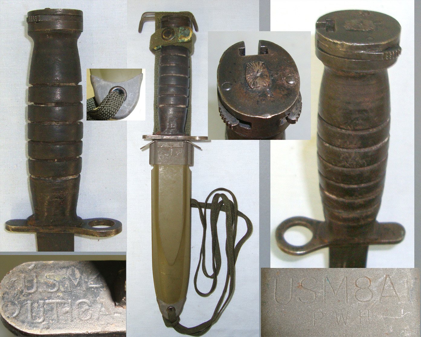 WW2 Era U.S Army M4 Knife Bayonet By Utica For M1 Carbines & M8A1 Scabbard By PWH (Pennsylvania Working Home For The Blind) & Thigh Cord. BAYO 206 Bayonet