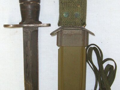 WW2 Era U.S Army M4 Knife Bayonet By Utica For M1 Carbines & M8A1 Scabbard By PWH (Pennsylvania Working Home For The Blind) & Thigh Cord. BAYO 206 Bayonet