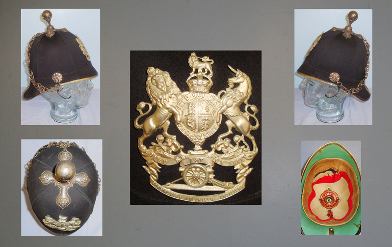 Post 1901, Home Service Pattern, Scottish, 1st Forfarshire Volunteer Artillery Blue Cloth Helmet With Ball Top Mount Marked Patent 23092 & Regulation Cork Helmet . Sn 10249. Post 1901, Home Service Pattern, Scottish, 1st Forfarshire Volunteer Artillery Blue Cloth Helmet With Ball Top Mount Marked Patent 23092 & Regulation Cork Helmet . Sn 10249. Clothing