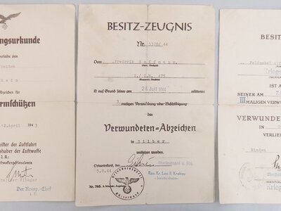 A Group of Three Dated Nazi WWII Peronalised Certificates to Acting Servicemen. N 186. A Group of Three Dated Nazi WWII Peronalised Certificates to Acting Servicemen. N 186. Antique & Militaria