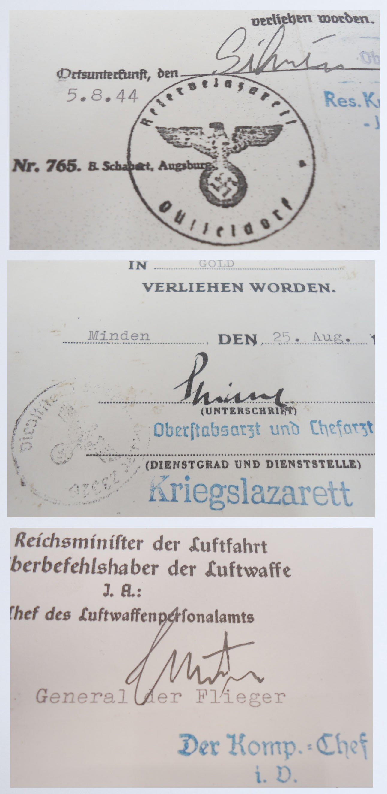 A Group of Three Dated Nazi WWII Peronalised Certificates to Acting Servicemen. N 186. A Group of Three Dated Nazi WWII Peronalised Certificates to Acting Servicemen. N 186. Antique & Militaria