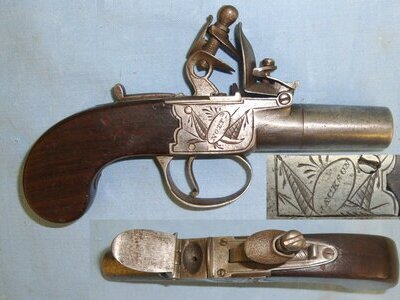 C1820\'s English John Jackson Nottingham 50 Bore Flintlock Pocket Pistol With Screw Off Barrel. Sn 21393:67 .50 Cal Muzzleloader Muzzleloader