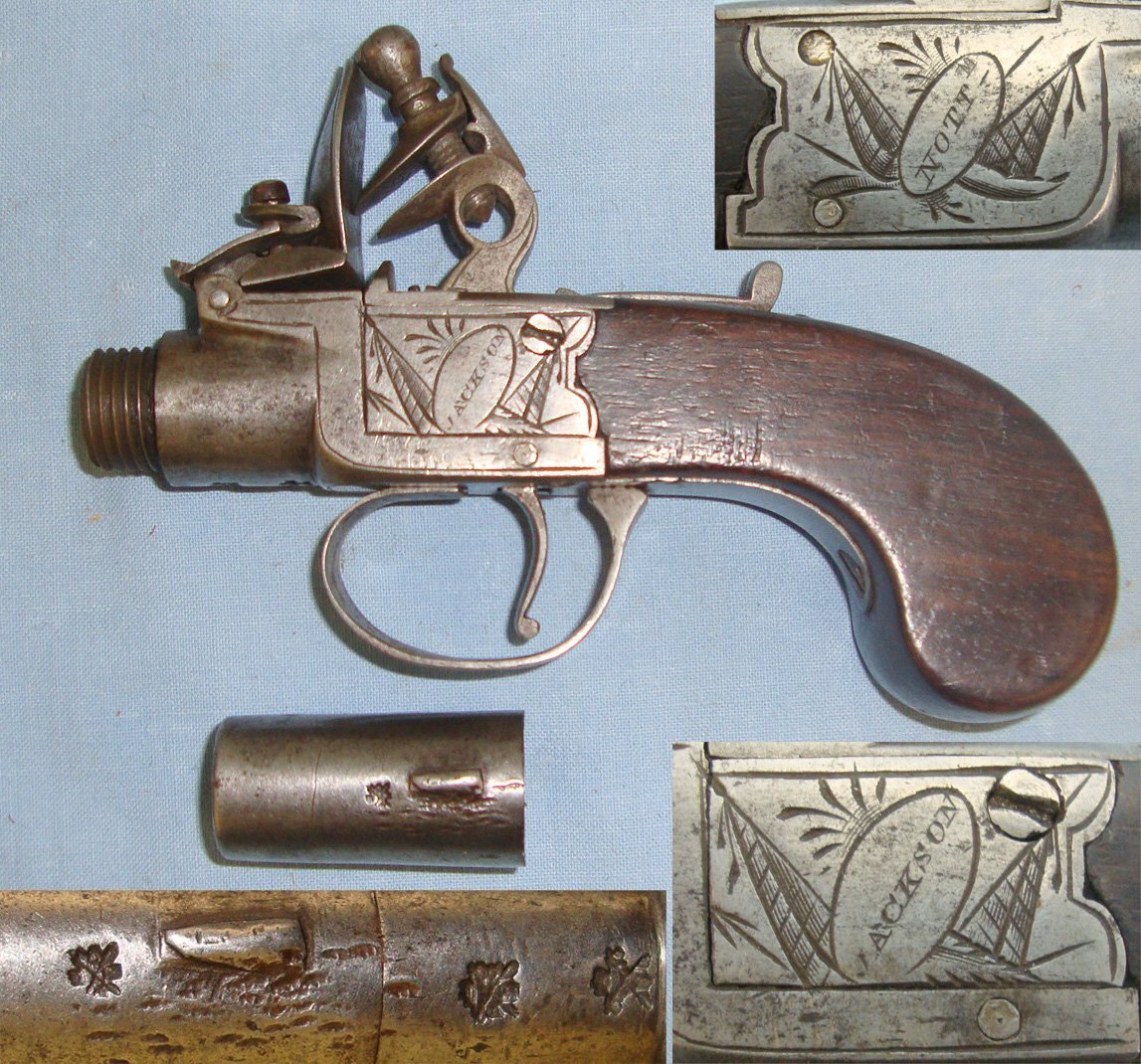 C1820\'s English John Jackson Nottingham 50 Bore Flintlock Pocket Pistol With Screw Off Barrel. Sn 21393:67 .50 Cal Muzzleloader Muzzleloader