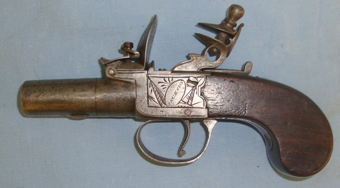  C1820\'s English John Jackson Nottingham 50 Bore Flintlock Pocket Pistol With Screw Off Barrel. Sn 21393:67 .50 Cal Muzzleloader Muzzleloader