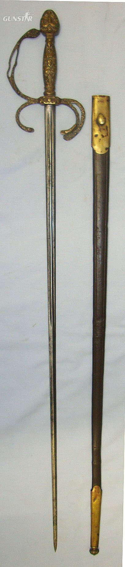 C1750 French Form Court / Diplomatic Rapier Sword With Ornate Cast Brass Hilt & Original Brass Mounted Leather Scabbard. Sn 22657 Sword in 