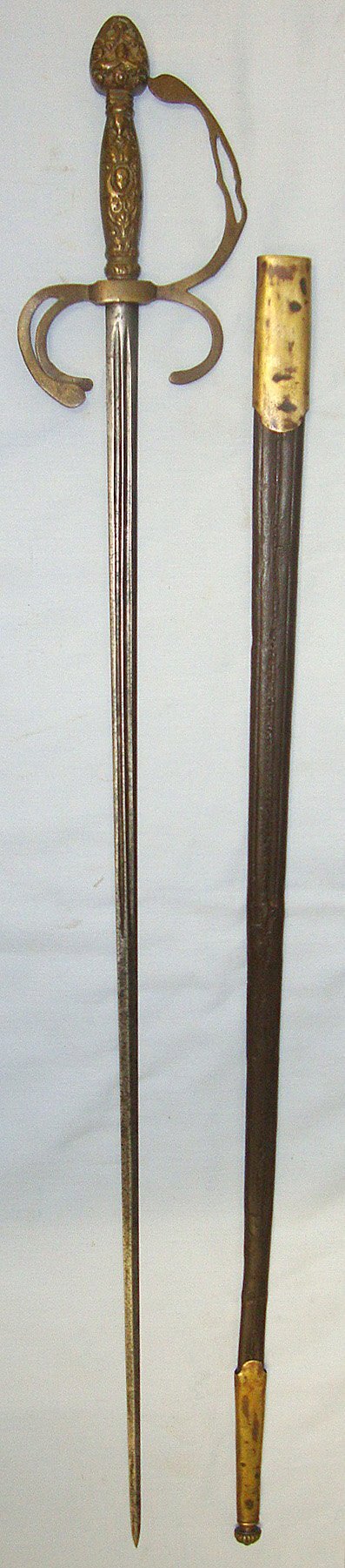  C1750 French Form Court / Diplomatic Rapier Sword With Ornate Cast Brass Hilt & Original Brass Mounted Leather Scabbard. Sn 22657 Sword