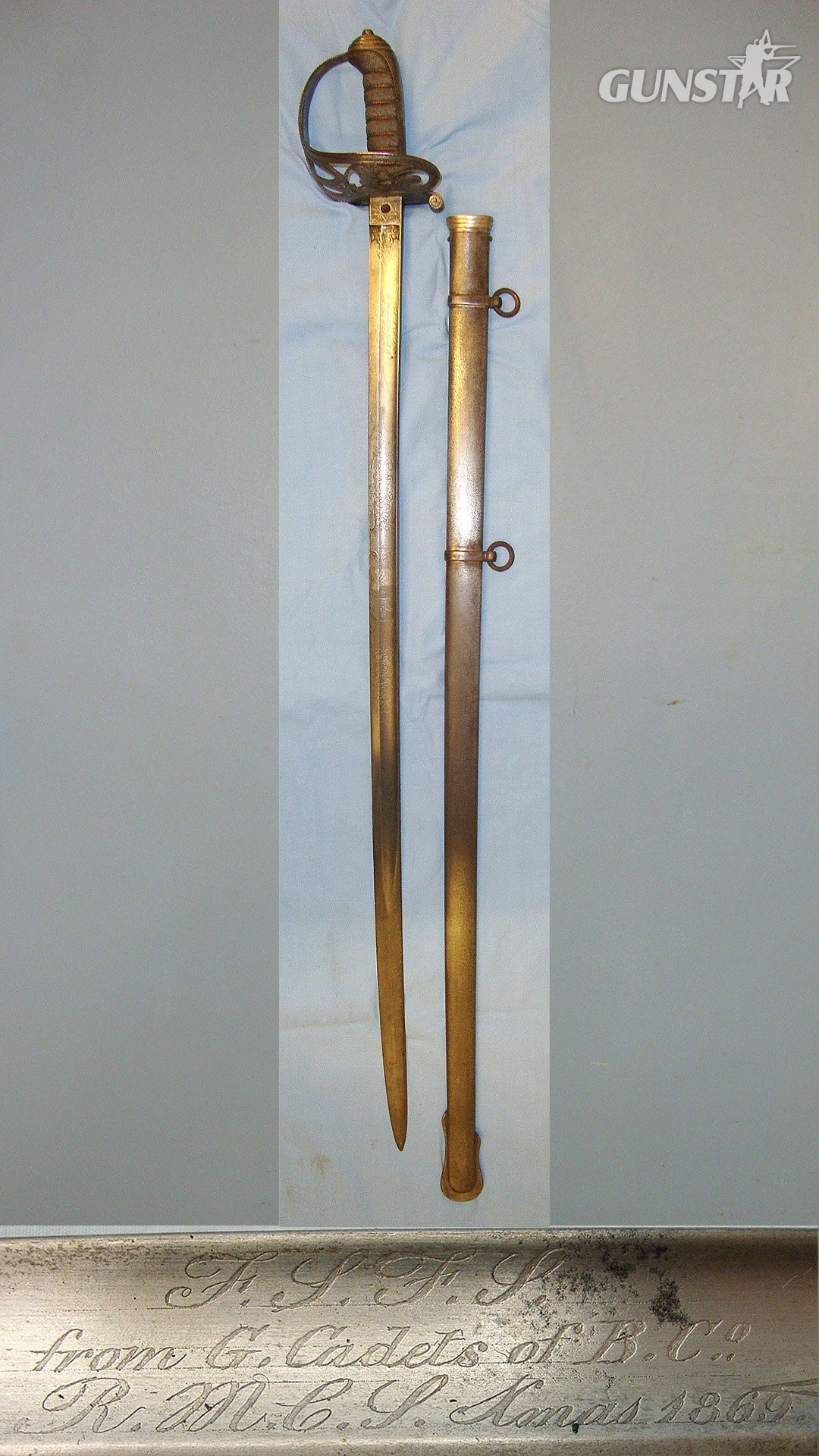 Victorian, British Ordnance C. Smith & Son London Pattern 1827 Officer's Presentation Sword With Etched Blade ‘F.S.F.S From G. Cadets Of B. Co R.M.C.S (Royal Military College Sandhurst) Christmas 1869’ & Scabbard. ED 2552  Sword in 