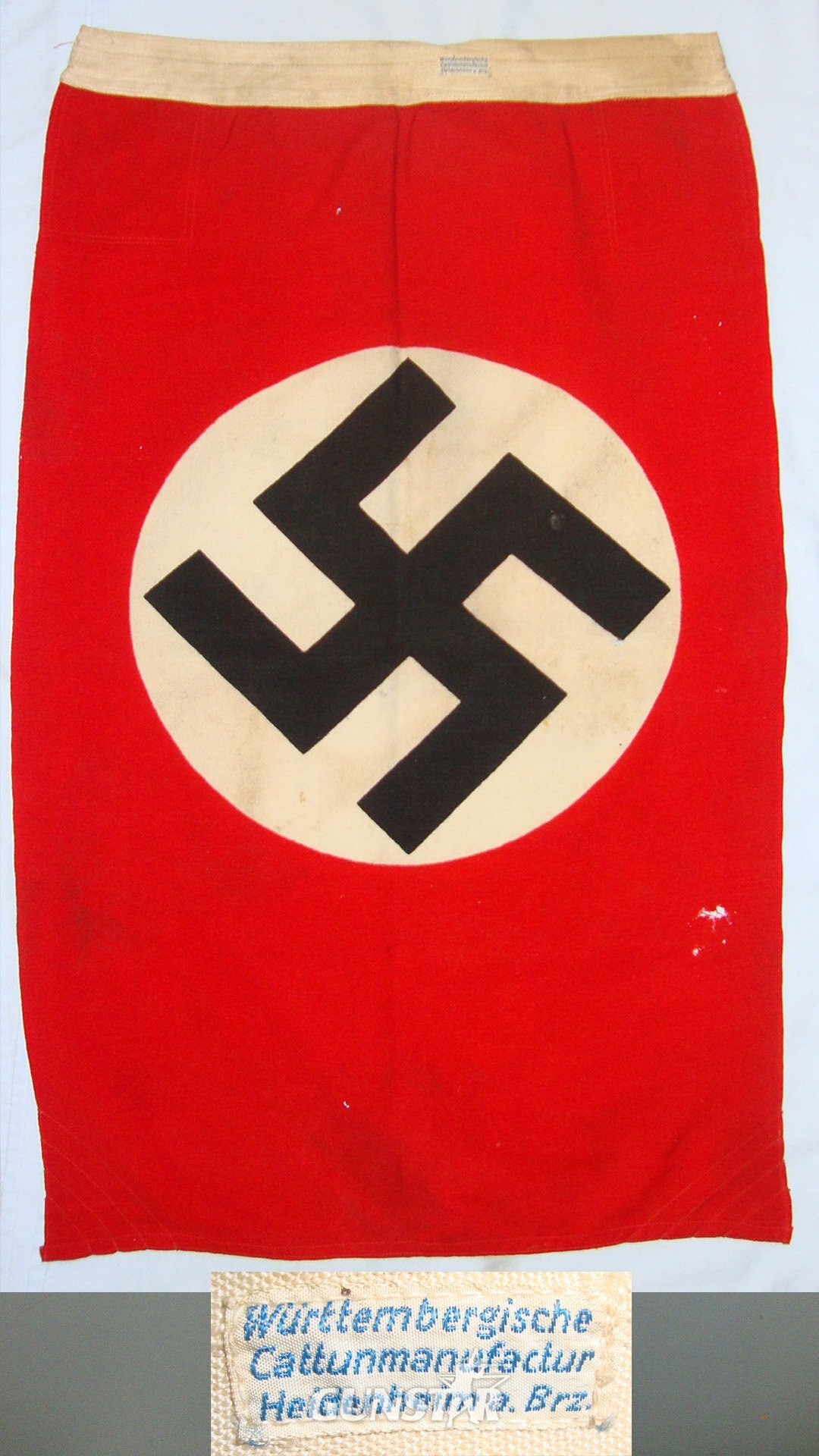Original**Nazi German NSDAP (National Socialist German Workers' Party) Window Hanger Flag Maker Ink Stamped Gosch Gr.3 50 x 85 ( cms, Size 3) & Clean Cloth ‘Württemberg Calico’ Label. N 163  Antique & Militaria in 