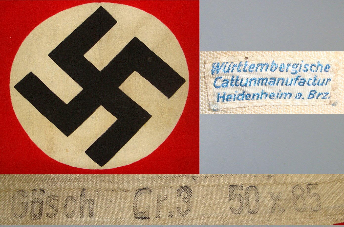 Original**Nazi German NSDAP (National Socialist German Workers' Party) Window Hanger Flag Maker Ink Stamped Gosch Gr.3 50 x 85 ( cms, Size 3) & Clean Cloth ‘Württemberg Calico’ Label. N 163  Antique & Militaria