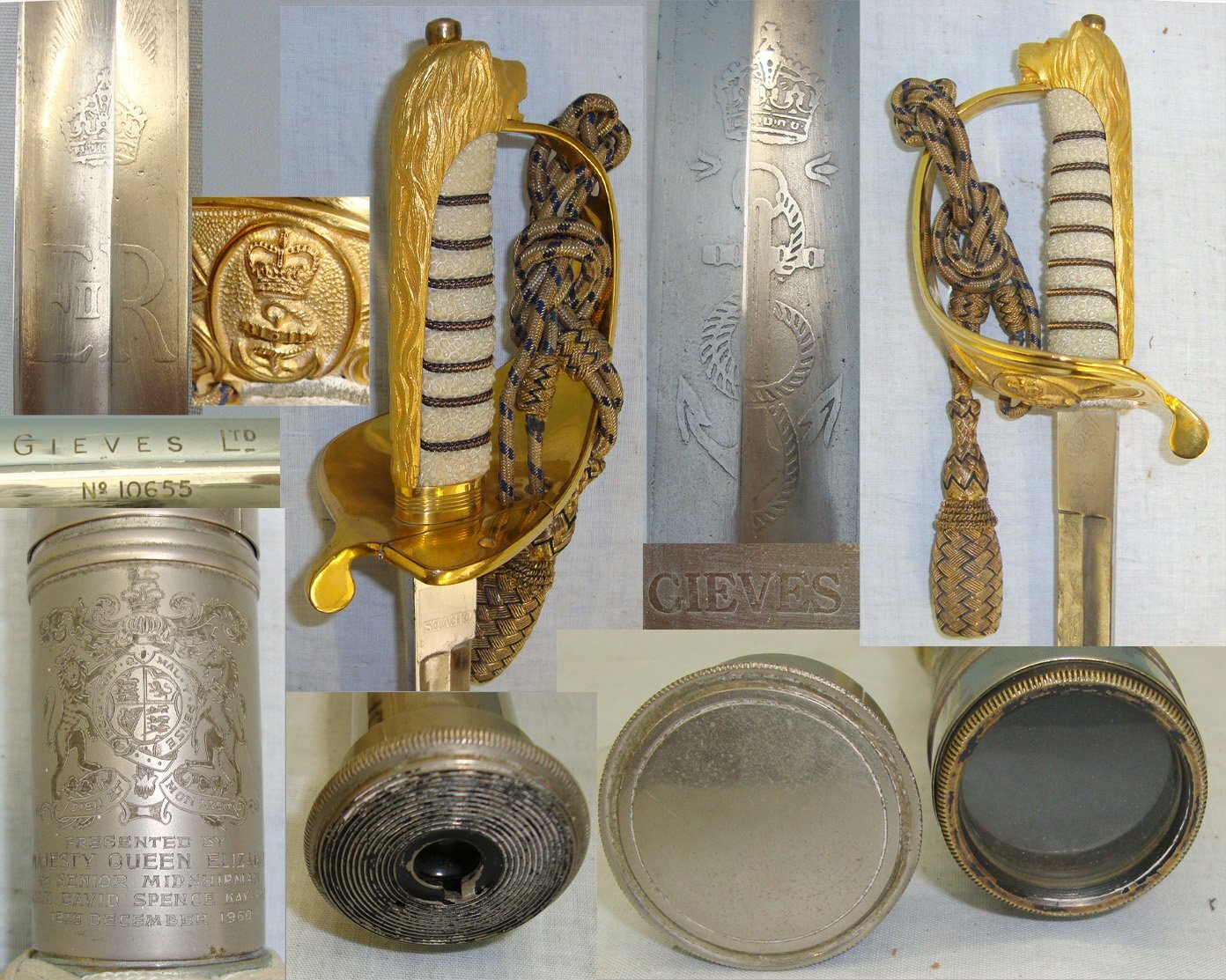 1960 PERSONALLY PRESENTED BY QE II** British Royal Navy Officer’s Sword By Gieves With Etched Presentation Panel To Midshipman William David Spence Kay Smith, Scabbard With Covers & Gieves Midshipman’s Telescope With Similar Presentation Inscription.  Sword