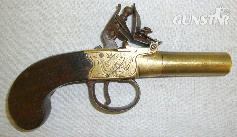 1823-1840 American 50 Bore, Brass Flintlock Pocket Pistol With Turn Off Barrel & English Birmingham Black Powder Proofs. None Single Shot in 