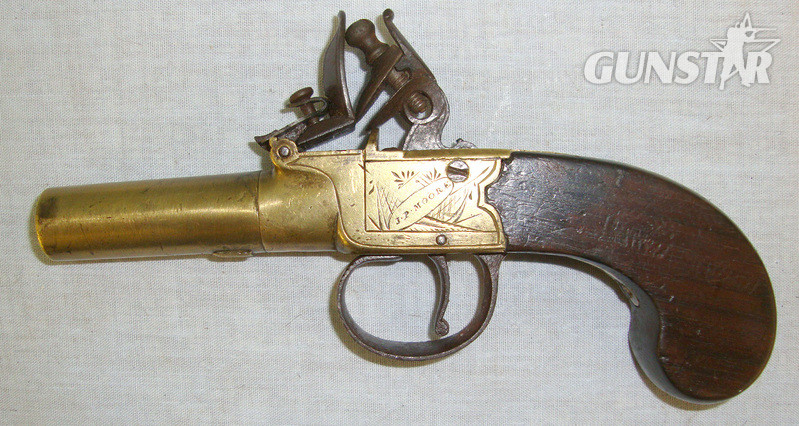  1823-1840 American 50 Bore, Brass Flintlock Pocket Pistol With Turn Off Barrel & English Birmingham Black Powder Proofs. None Single Shot