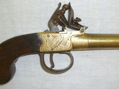 1823-1840 American 50 Bore, Brass Flintlock Pocket Pistol With Turn Off Barrel & English Birmingham Black Powder Proofs. None Single Shot