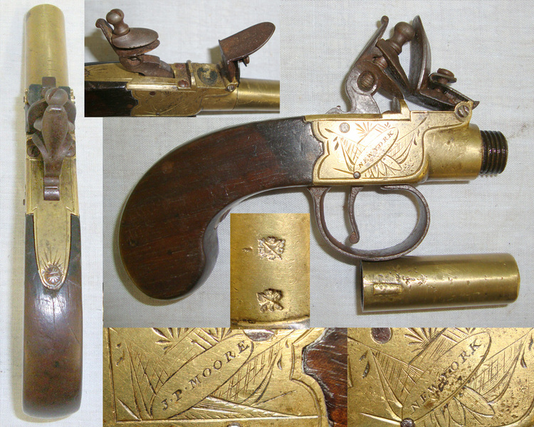 1823-1840 American 50 Bore, Brass Flintlock Pocket Pistol With Turn Off Barrel & English Birmingham Black Powder Proofs. None Single Shot