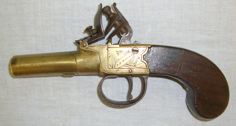  1823-1840 American 50 Bore, Brass Flintlock Pocket Pistol With Turn Off Barrel & English Birmingham Black Powder Proofs. None Single Shot