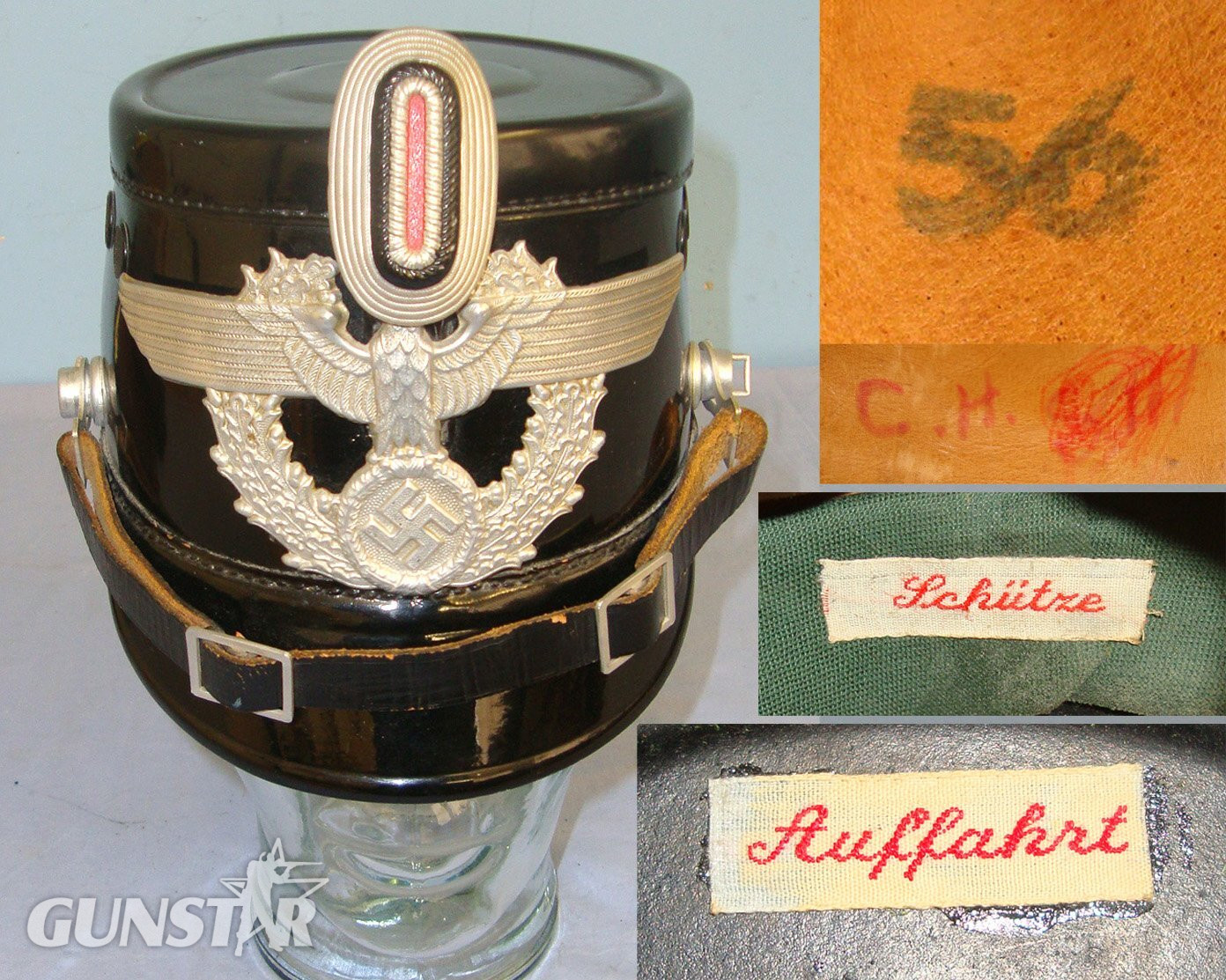 WW2 Era Nazi German City Police Shako With Maker Or Retailer labels ‘Schutze Auffahrt’, Large White Metal Plate, State Cockade, Liner & Chin Strap. Sn 21777  Clothing