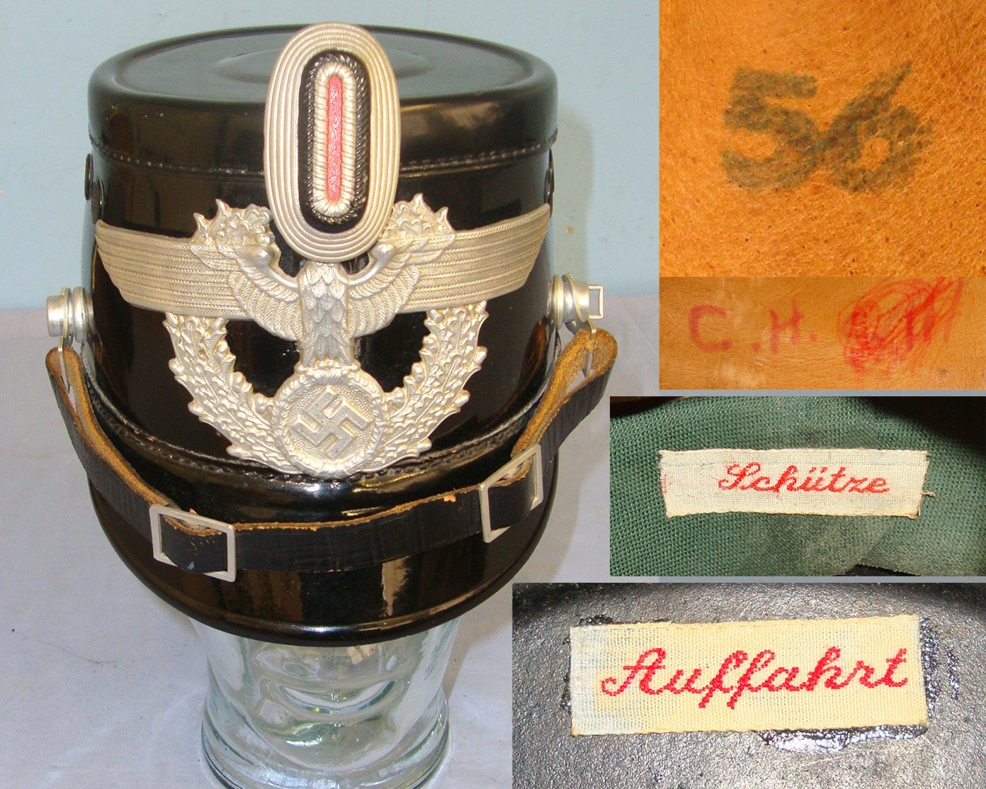 WW2 Era Nazi German City Police Shako With Maker Or Retailer labels ‘Schutze Auffahrt’, Large White Metal Plate, State Cockade, Liner & Chin Strap. Sn 21777  Clothing