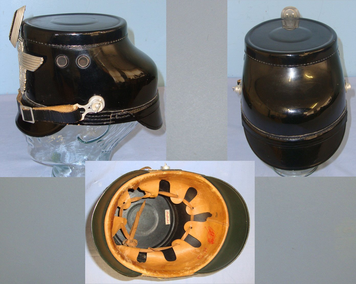  WW2 Era Nazi German City Police Shako With Maker Or Retailer labels ‘Schutze Auffahrt’, Large White Metal Plate, State Cockade, Liner & Chin Strap. Sn 21777  Clothing