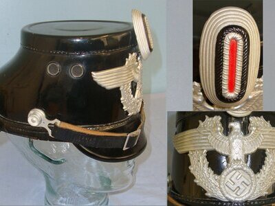 WW2 Era Nazi German City Police Shako With Maker Or Retailer labels ‘Schutze Auffahrt’, Large White Metal Plate, State Cockade, Liner & Chin Strap. Sn 21777  Clothing