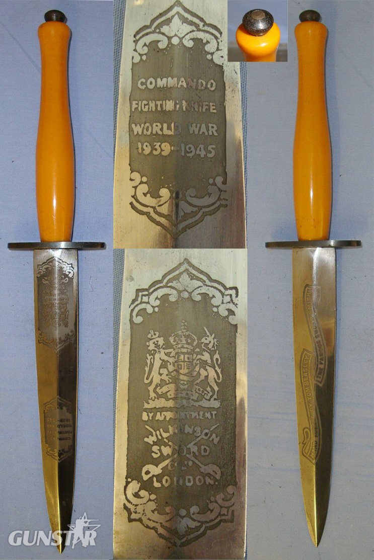 CASED**MINT**RARE**C1948 2 PANEL VERSION**Wilkinson Sword, ‘Hand Forged By Tom Beasley The Famous Sword Smith’ Fairbairn Sykes FS Fighting Knife With Correct 2 Etched & Blued Panels Hand Drawn Blade. Sn 19917:8 Knive in 