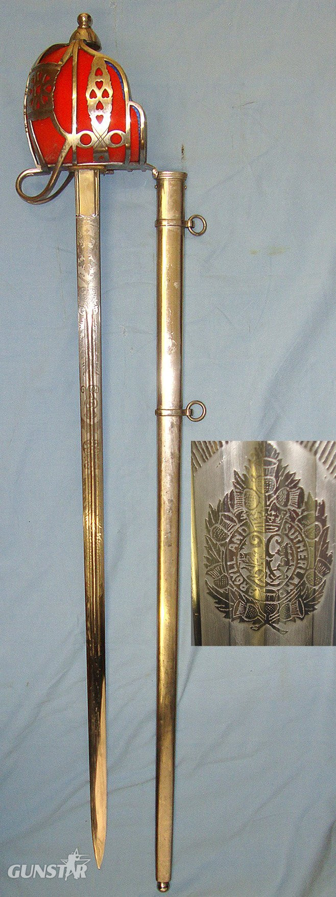 SCARCE & DESIRABLE**WW1 Era King George V British WD Scottish Argyll & Sutherland Highlanders Staff Sergeants / Officer’s Basket Hilt Broadsword With Etched & Blued Panels & Stylised Monogram Blade & Scabbard. Sn 23484:107 Sword in 