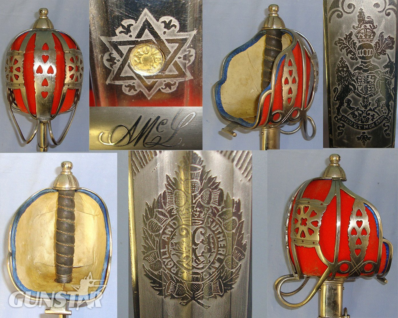 SCARCE & DESIRABLE**WW1 Era King George V British WD Scottish Argyll & Sutherland Highlanders Staff Sergeants / Officer’s Basket Hilt Broadsword With Etched & Blued Panels & Stylised Monogram Blade & Scabbard. Sn 23484:107 Sword