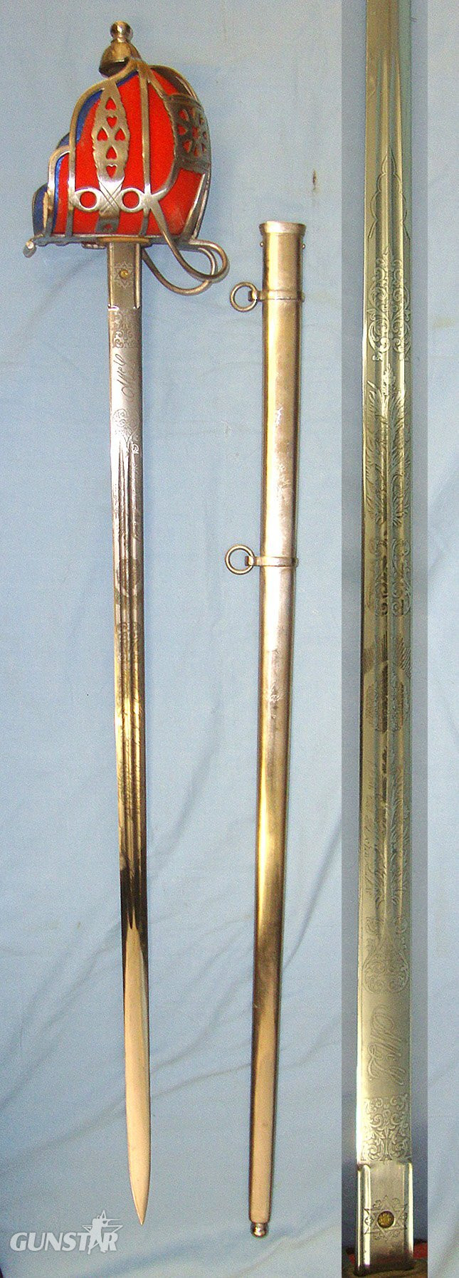  SCARCE & DESIRABLE**WW1 Era King George V British WD Scottish Argyll & Sutherland Highlanders Staff Sergeants / Officer’s Basket Hilt Broadsword With Etched & Blued Panels & Stylised Monogram Blade & Scabbard. Sn 23484:107 Sword