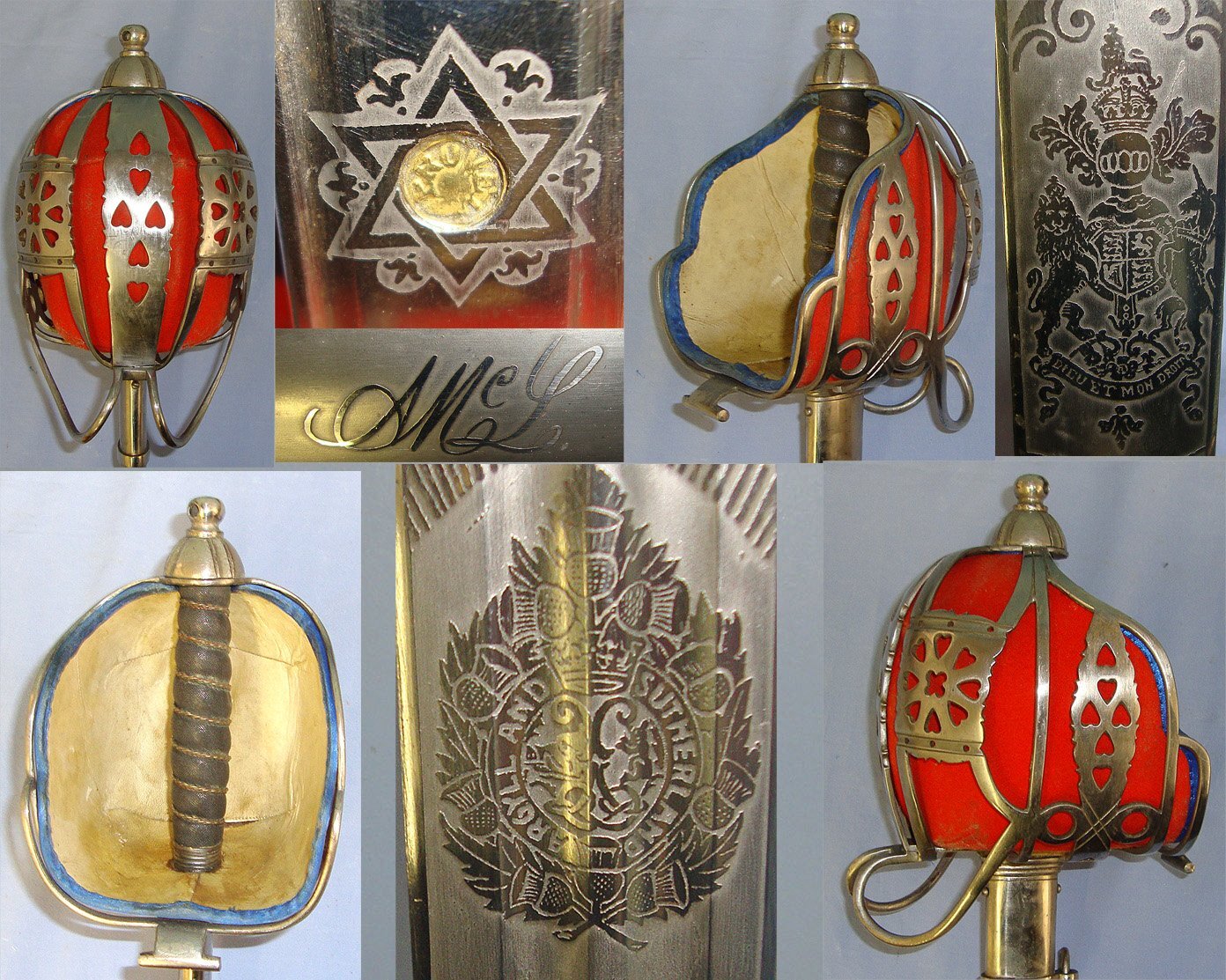 SCARCE & DESIRABLE**WW1 Era King George V British WD Scottish Argyll & Sutherland Highlanders Staff Sergeants / Officer’s Basket Hilt Broadsword With Etched & Blued Panels & Stylised Monogram Blade & Scabbard. Sn 23484:107 Sword