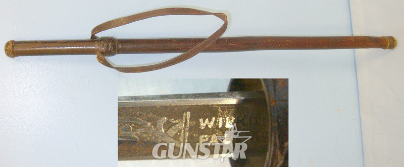 Boer War / WW1 Era British Wilkinson Pall Mall (London) Officers Brown Leather Bound Swagger Sword Stick With Blued & Etched ‘T’ Section Blade & Wrist Strap Sword