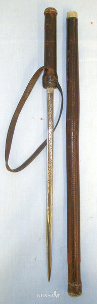  Boer War / WW1 Era British Wilkinson Pall Mall (London) Officers Brown Leather Bound Swagger Sword Stick With Blued & Etched ‘T’ Section Blade & Wrist Strap Sword