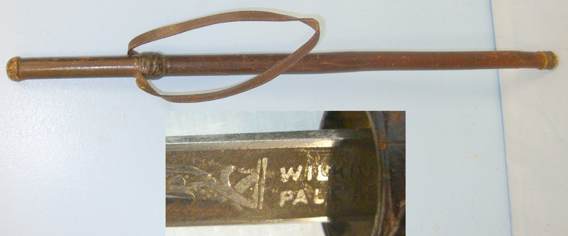 Boer War / WW1 Era British Wilkinson Pall Mall (London) Officers Brown Leather Bound Swagger Sword Stick With Blued & Etched ‘T’ Section Blade & Wrist Strap Sword