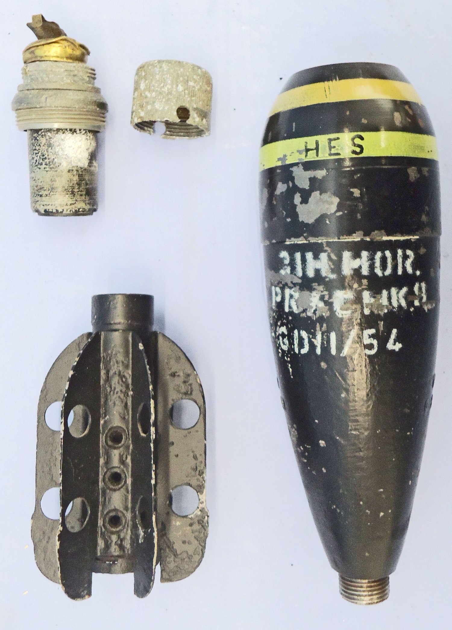 INERT DEACTIVATED. Original, Fired, 1954 Dated British 3 Inch Practice High Explosive (HE) Mortar. - O 2235 INERT DEACTIVATED. Original, Fired, 1954 Dated British 3 Inch Practice High Explosive (HE) Mortar. - O 2235  Other Ammunition