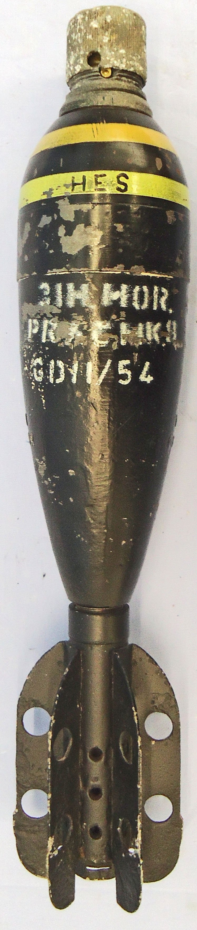 INERT DEACTIVATED. Original, Fired, 1954 Dated British 3 Inch Practice High Explosive (HE) Mortar. - O 2235 INERT DEACTIVATED. Original, Fired, 1954 Dated British 3 Inch Practice High Explosive (HE) Mortar. - O 2235  Other Ammunition - {CATEGORY} in 