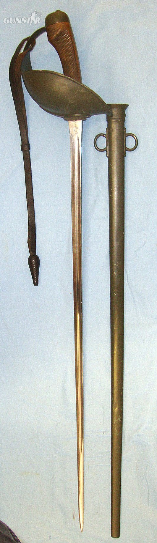 WW1 1914 British Enfield WD 1908 Pattern Heavy Cavalry Troopers Sword With Leather Cord & Acorn Portepee & 1915 Enfield WD Scabbard. Sn 23484:105 Sword in 