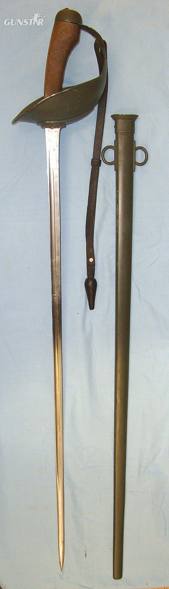  WW1 1914 British Enfield WD 1908 Pattern Heavy Cavalry Troopers Sword With Leather Cord & Acorn Portepee & 1915 Enfield WD Scabbard. Sn 23484:105 Sword
