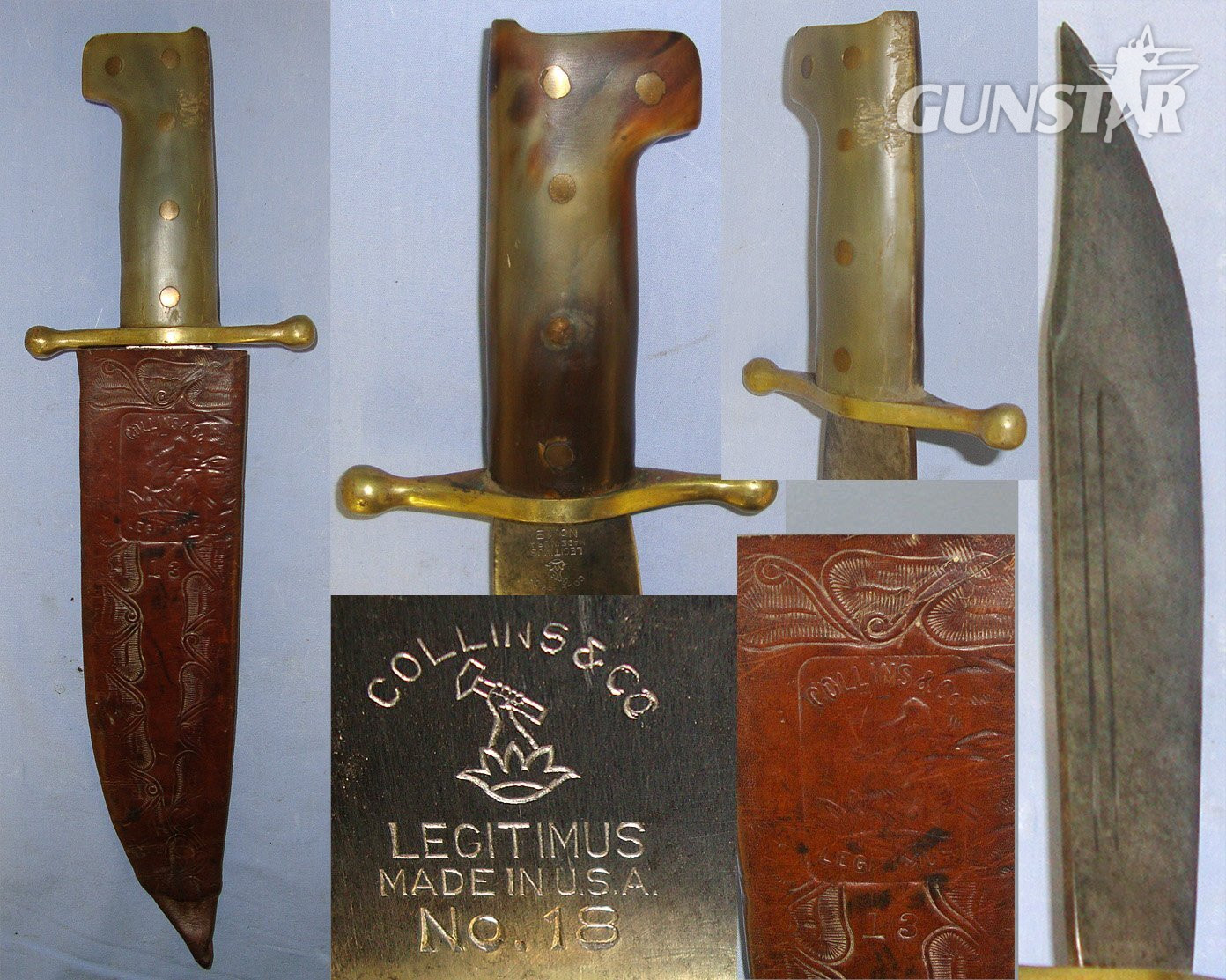 MATCHING**WW2 U.S.M.C. Collins & Co Legitimus No.18 V-44 Combat / Survival Bowie Knife With 2 Tone (Green & Tortoise Shell Hue) Polished Horn Scales & Collins & Co Legitimus No.18 Scabbard. Sn 23098 Knive