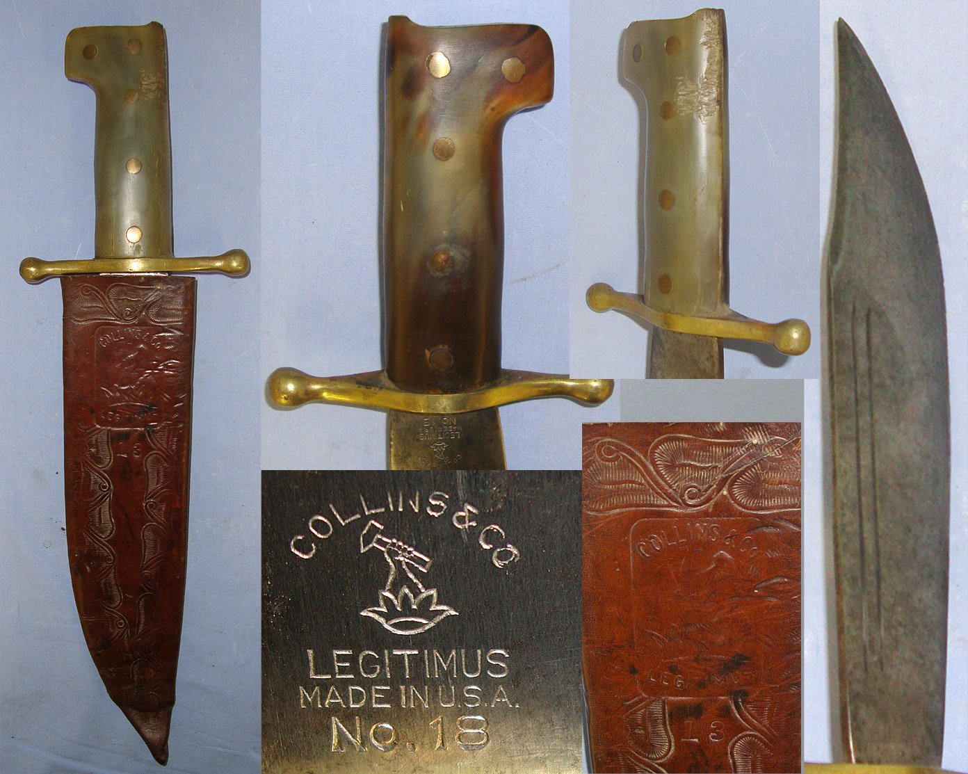 MATCHING**WW2 U.S.M.C. Collins & Co Legitimus No.18 V-44 Combat / Survival Bowie Knife With 2 Tone (Green & Tortoise Shell Hue) Polished Horn Scales & Collins & Co Legitimus No.18 Scabbard. Sn 23098 Knive