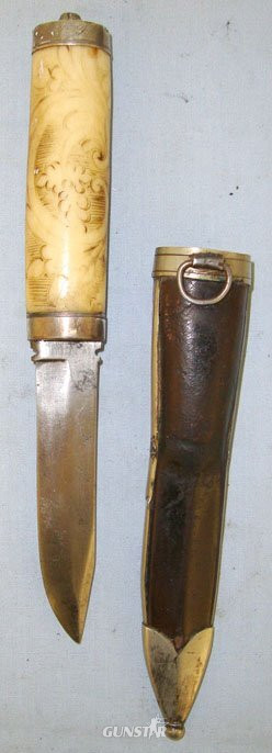 Victorian Era Galles Christiania, Finnish Form, Puukko Hunting / Fishing Knife with Scrimshaw Etched Polished Bone Hilt German Silver Mounts & Tooled Open Top Leather Scabbard with German Silver Mounts. Sn 15908:1 Hunting Knive in 