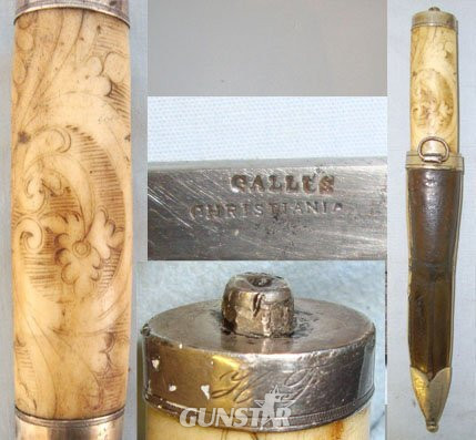 Victorian Era Galles Christiania, Finnish Form, Puukko Hunting / Fishing Knife with Scrimshaw Etched Polished Bone Hilt German Silver Mounts & Tooled Open Top Leather Scabbard with German Silver Mounts. Sn 15908:1 Hunting Knive