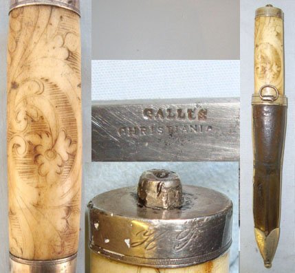 Victorian Era Galles Christiania, Finnish Form, Puukko Hunting / Fishing Knife with Scrimshaw Etched Polished Bone Hilt German Silver Mounts & Tooled Open Top Leather Scabbard with German Silver Mounts. Sn 15908:1 Hunting Knive
