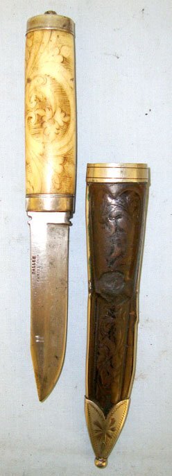  Victorian Era Galles Christiania, Finnish Form, Puukko Hunting / Fishing Knife with Scrimshaw Etched Polished Bone Hilt German Silver Mounts & Tooled Open Top Leather Scabbard with German Silver Mounts. Sn 15908:1 Hunting Knive
