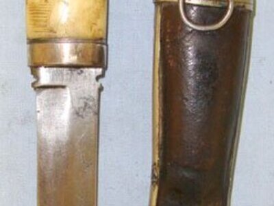 Victorian Era Galles Christiania, Finnish Form, Puukko Hunting / Fishing Knife with Scrimshaw Etched Polished Bone Hilt German Silver Mounts & Tooled Open Top Leather Scabbard with German Silver Mounts. Sn 15908:1 Hunting Knive