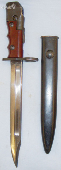 British No7 Mk 1 L Bayonet for No4 SMLE Rifles & MK V Sten Sub Machine Guns with Swivel Handle and Scabbard. BAYO 418. Bayonet in 