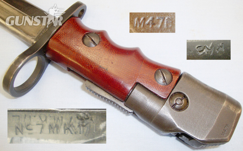 British No7 Mk 1 L Bayonet for No4 SMLE Rifles & MK V Sten Sub Machine Guns with Swivel Handle and Scabbard. BAYO 418. Bayonet